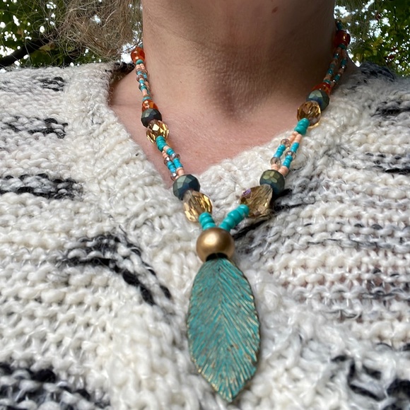 Handmade Boho Necklace Leaf Centre & Peach & Turquoise Beads & Matching Earrings - Picture 4 of 12